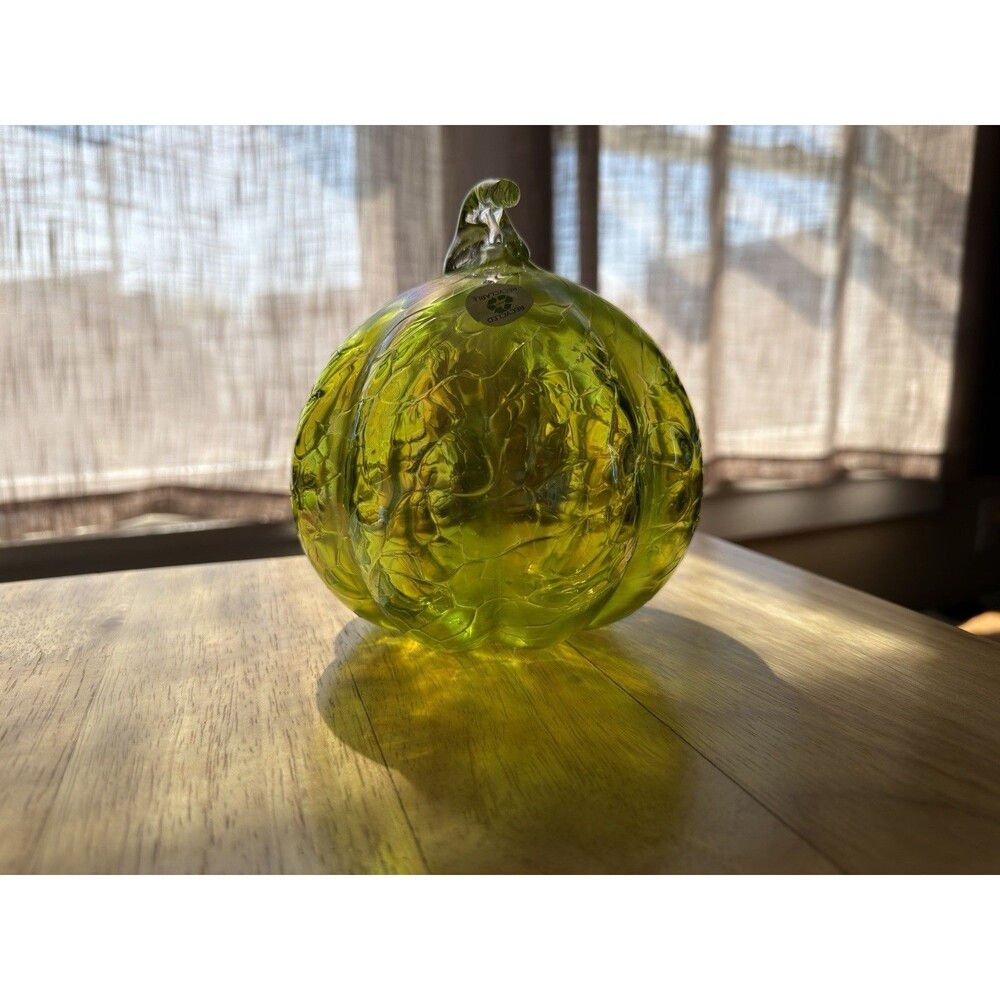 HAND BLOWN RECYCLED GLASS PUMPKIN Shaped GREEN Glass 6 INCHES